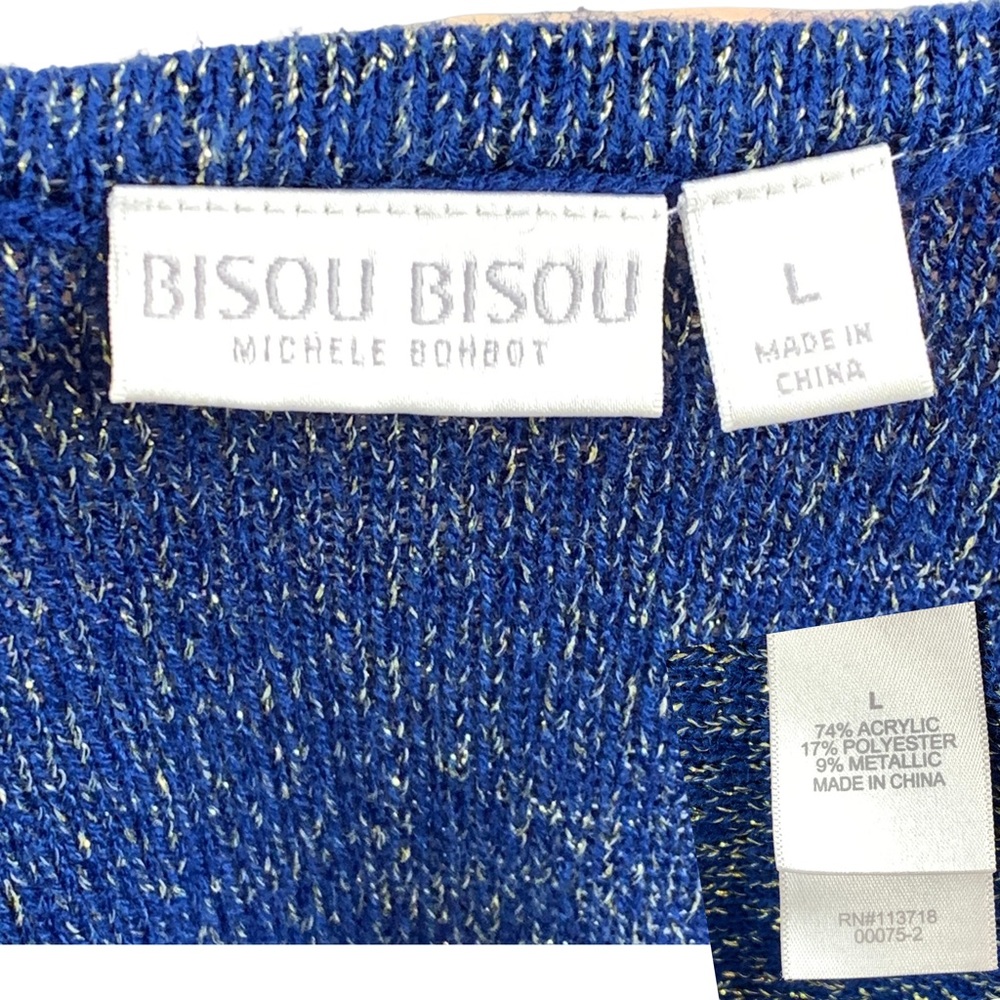 BISOU BISOU Blue w/ Metallic Zippered Shoulders Long Sleeve Sweater size Large - Picture 14 of 14